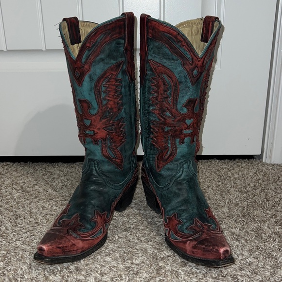 Corral Distressed Turquoise and Red Eagle Boots - Picture 2 of 12